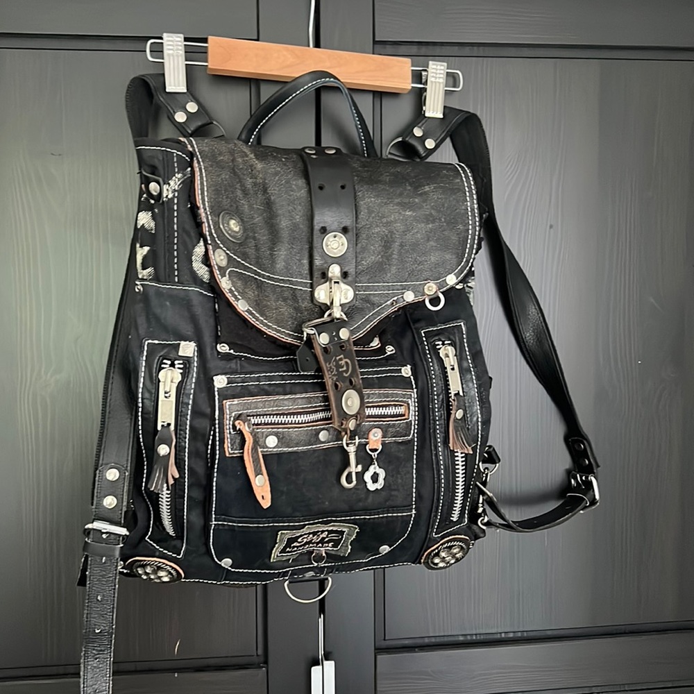 High End black leather and jean handmade backpack by Stif in Bulgaria.